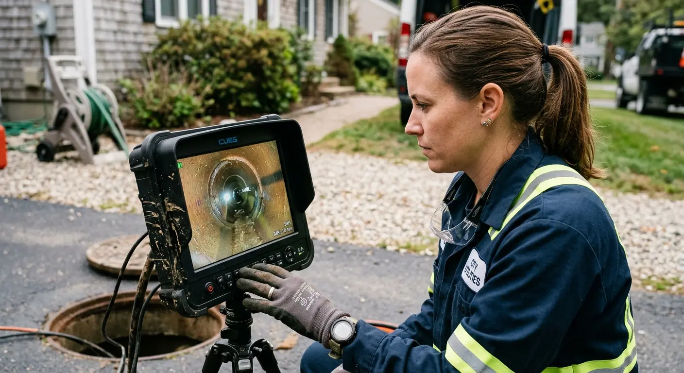 Technician reviewing sewer camera inspection footage in Kalamazoo
