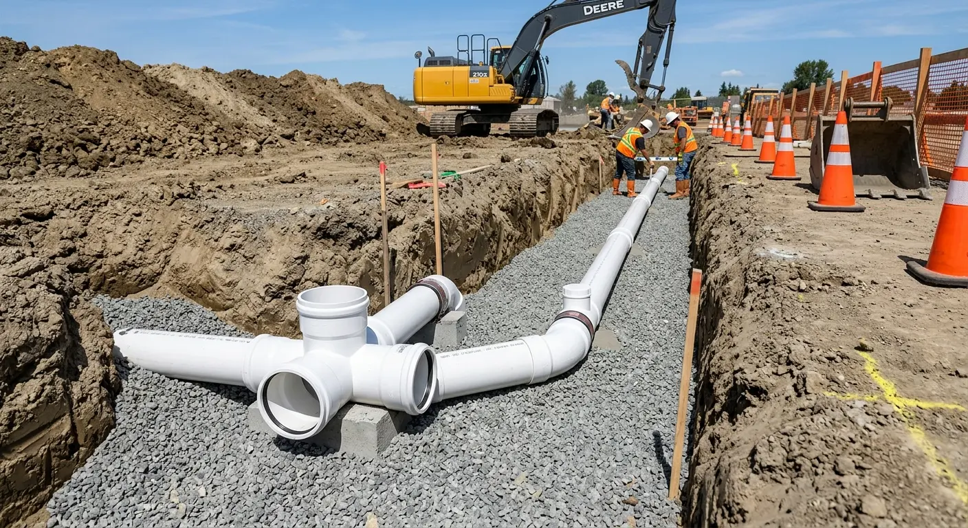 New PVC sewer pipe installation in open trench for Commercial Drain Cleaning in Kalamazoo