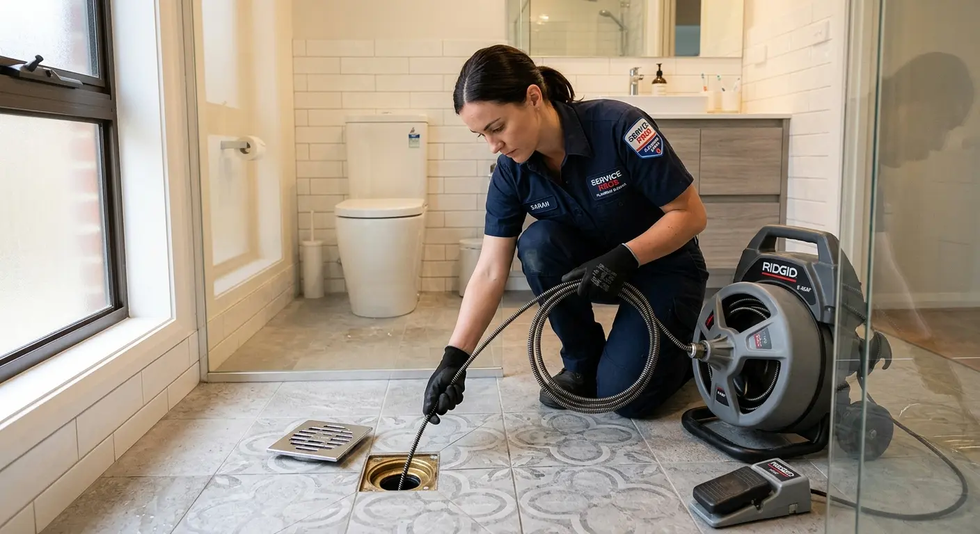 Technician clearing a bathroom floor drain for Hydro Jetting in Kalamazoo